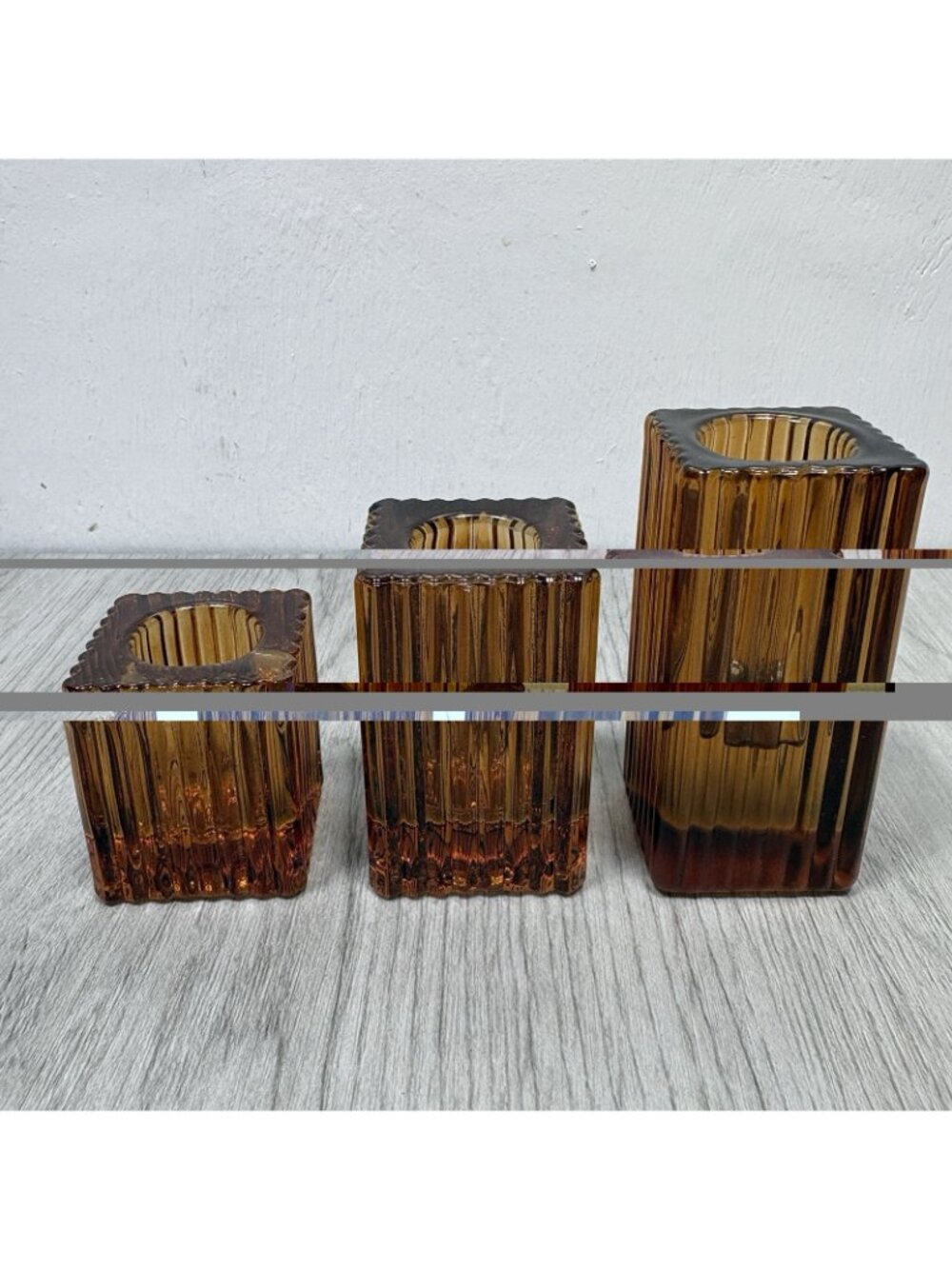 3 Amber Candlestick Holder Lot Candle Square MCM - Picture 2 of 7